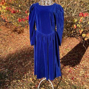 Vintage 80s dress velvet blue puff sleeves 1980s bow